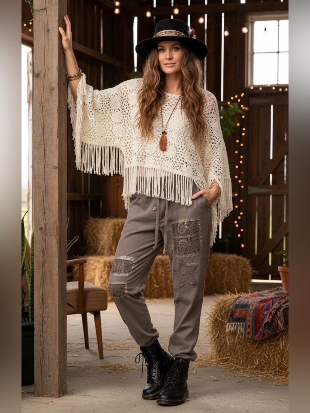 Brand Bazar Crochet Patch Star Joggers Taupe Boho OS Made in Italy